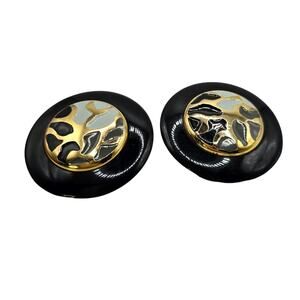 Earrings Italy Clip On Round Black Enamel Gold Tone Abstract Statement SKU 2992